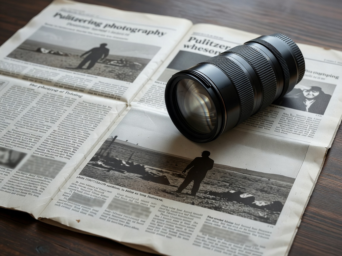 Camera lens laying on broadsheet newspaper illustrating Pulitzer Prize photography archival records