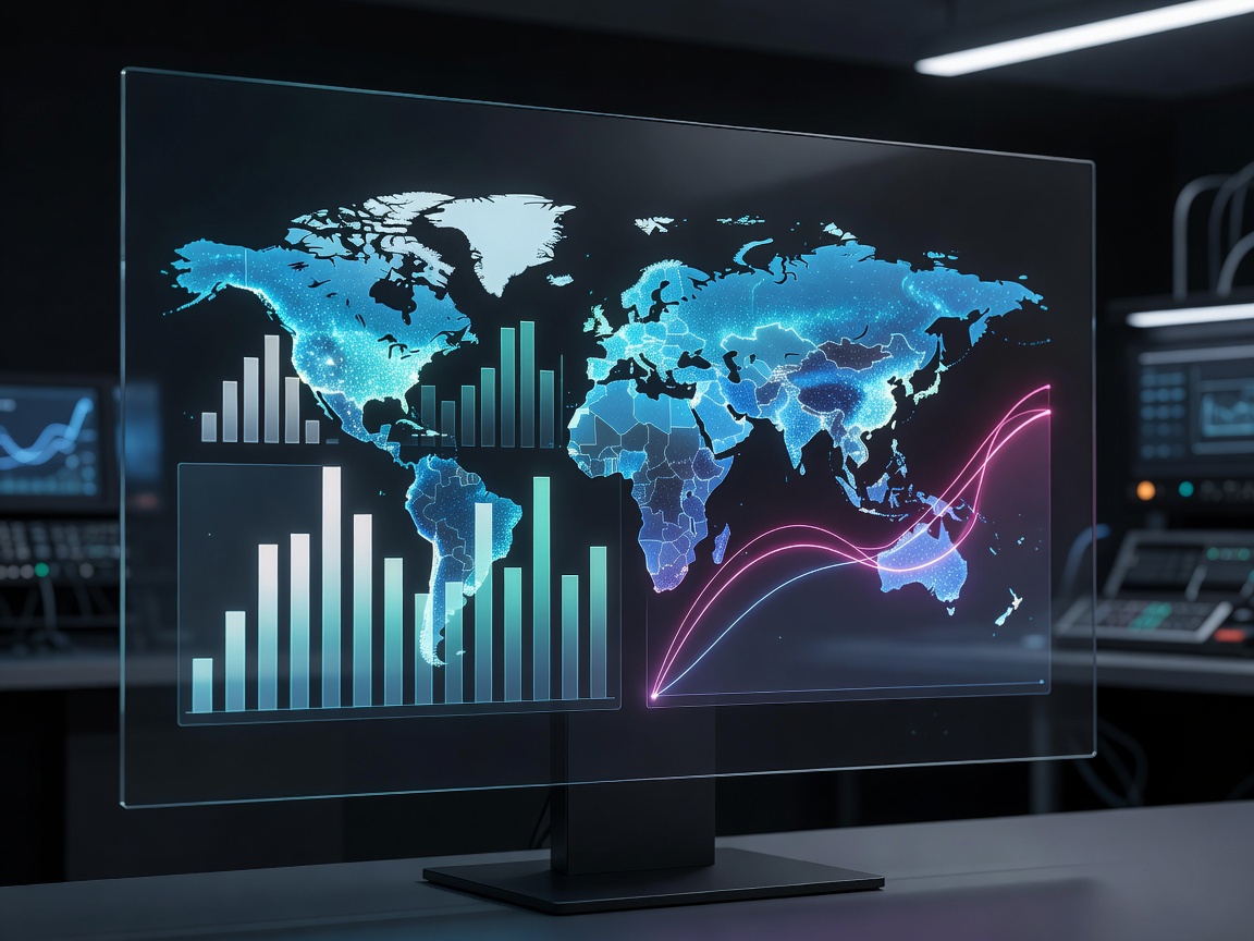 Data interface visualization mockup displaying geographical information maps and graphs